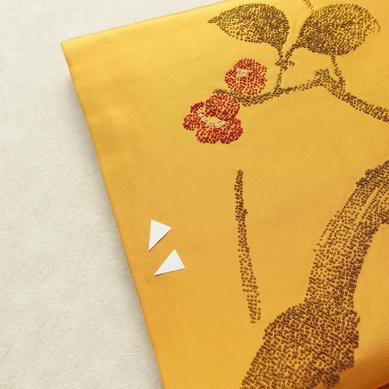 名古屋帯 太鼓柄 相良刺繍 正絹 木の葉・植物柄 名古屋仕立て なごや帯 リサイクル帯 帯 シンプル 洒落 黄・黄土色_画像9