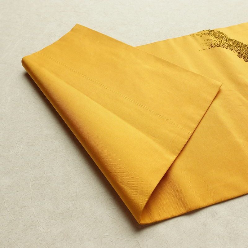 名古屋帯 太鼓柄 相良刺繍 正絹 木の葉・植物柄 名古屋仕立て なごや帯 リサイクル帯 帯 シンプル 洒落 黄・黄土色_画像14