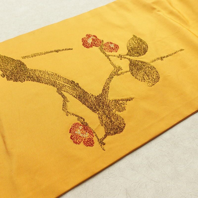 名古屋帯 太鼓柄 相良刺繍 正絹 木の葉・植物柄 名古屋仕立て なごや帯 リサイクル帯 帯 シンプル 洒落 黄・黄土色_画像15