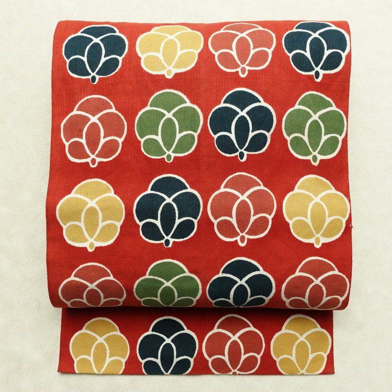 名古屋帯 全通柄 正絹 花柄 名古屋仕立て なごや帯 リサイクル帯 帯 モダン 赤・朱_画像1