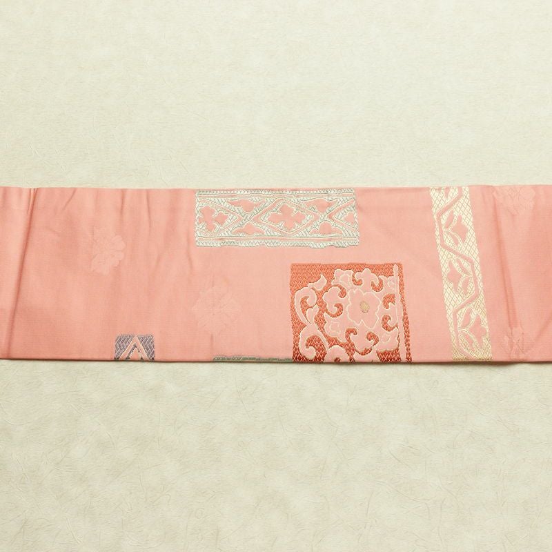 名古屋帯 太鼓柄 良品 正絹 幾何学柄・抽象柄 名古屋仕立て なごや帯 リサイクル帯 帯 金糸 ピンク_画像13