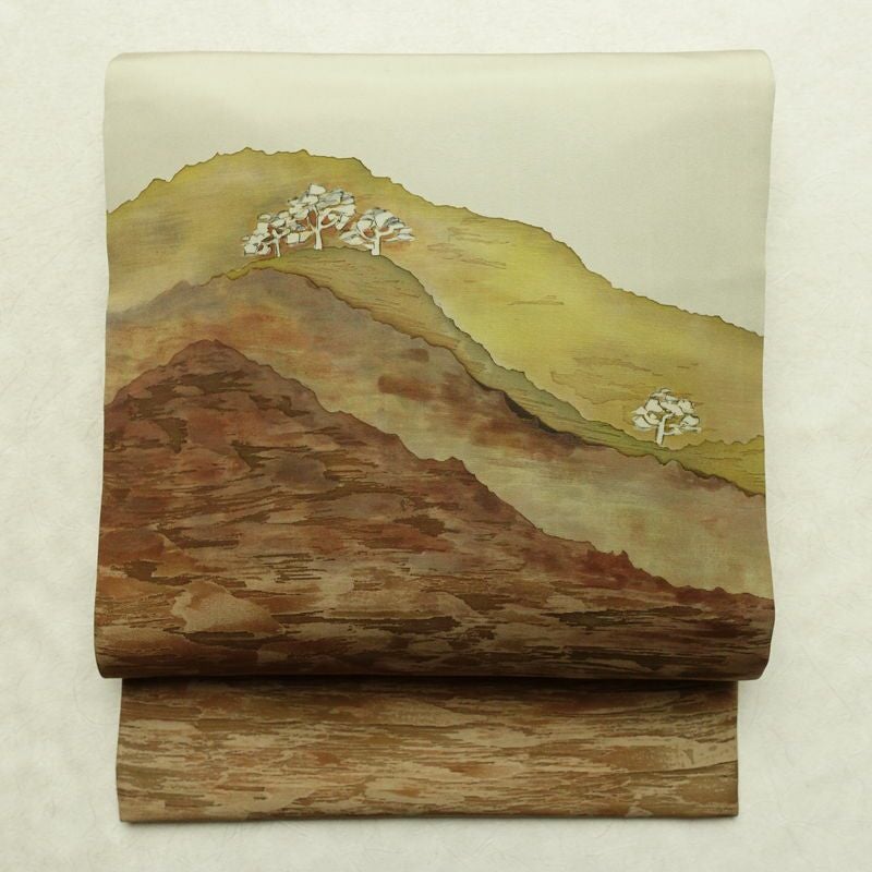 名古屋帯 太鼓柄 落款入り 正絹 風景柄 名古屋仕立て なごや帯 リサイクル帯 帯 シンプル 緑・うぐいす色_画像1