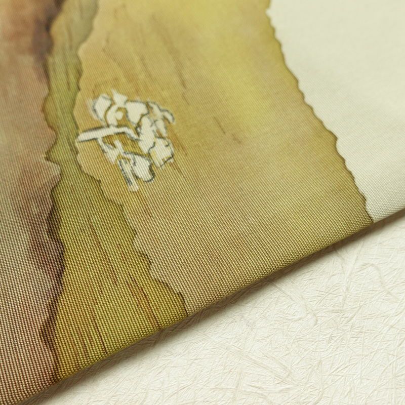 名古屋帯 太鼓柄 落款入り 正絹 風景柄 名古屋仕立て なごや帯 リサイクル帯 帯 シンプル 緑・うぐいす色_画像12