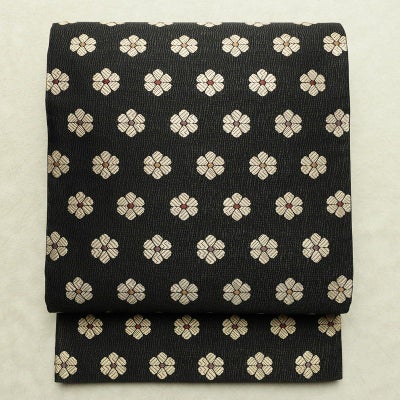 袋帯 六通柄 良品 一般用 正絹 花柄 リサイクル帯 帯 モダン 洒落 黒