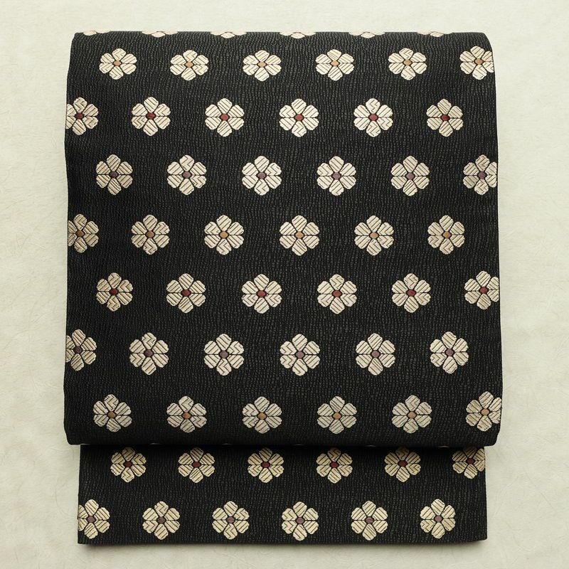 袋帯 六通柄 良品 一般用 正絹 花柄 リサイクル帯 帯 モダン 洒落 黒_画像1