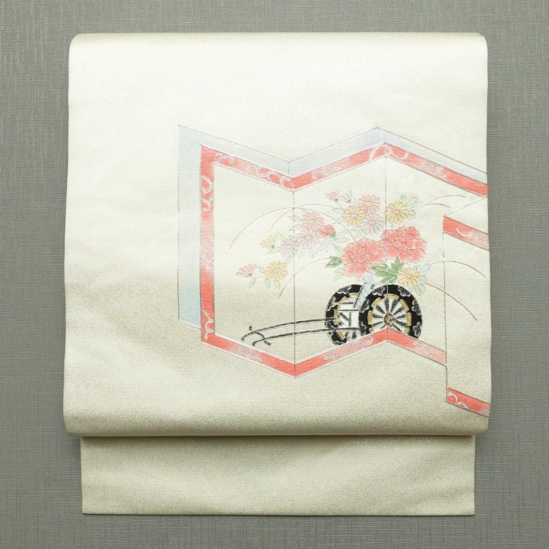 名古屋帯 太鼓柄 正絹 古典柄 名古屋仕立て なごや帯 リサイクル帯 帯 菊 白_画像1