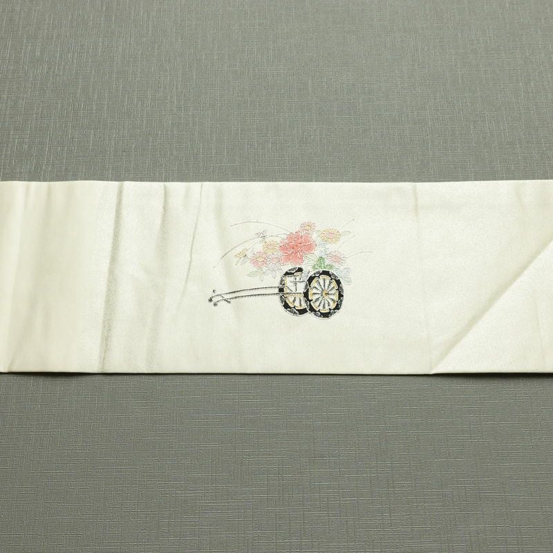 名古屋帯 太鼓柄 正絹 古典柄 名古屋仕立て なごや帯 リサイクル帯 帯 菊 白_画像15