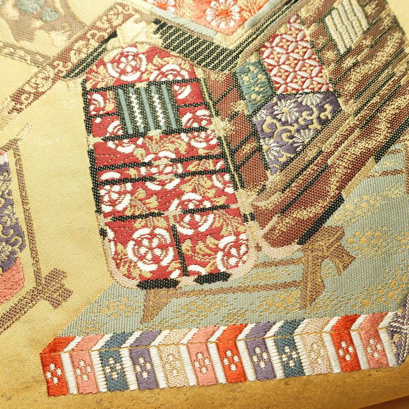 袋帯 太鼓柄 フォーマル用 正絹 古典柄 リサイクル帯 帯 箔 紅葉 梅 菖蒲 松 黄・黄土色_画像3