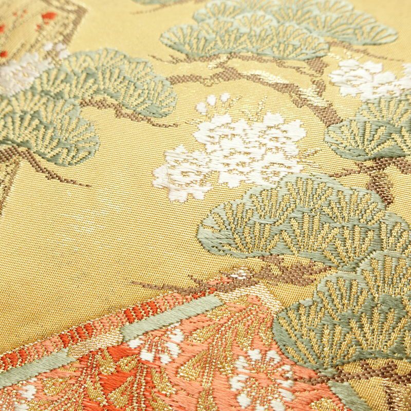 袋帯 太鼓柄 フォーマル用 正絹 古典柄 リサイクル帯 帯 箔 紅葉 梅 菖蒲 松 黄・黄土色_画像5