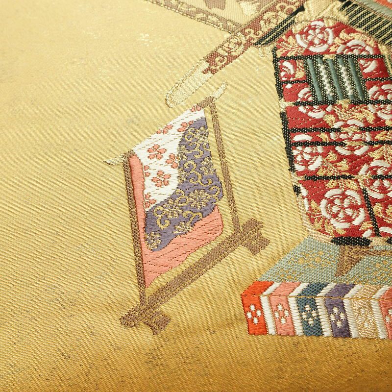 袋帯 太鼓柄 フォーマル用 正絹 古典柄 リサイクル帯 帯 箔 紅葉 梅 菖蒲 松 黄・黄土色_画像7