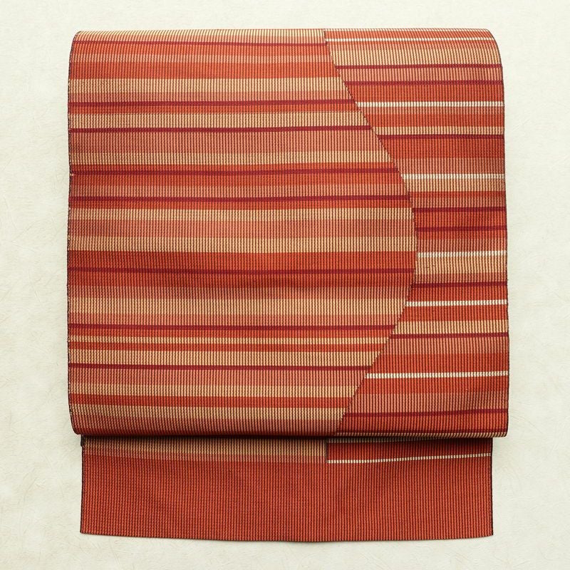 名古屋帯 六通柄 正絹 縞柄・線柄 松葉仕立て なごや帯 リサイクル帯 帯 モダン 茶_画像1