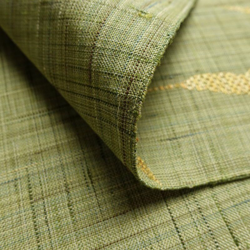 名古屋帯 六通柄 美品 正絹 木の葉・植物柄 通し仕立て なごや帯 リサイクル帯 帯 紬地 緑・うぐいす色_画像11