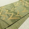 名古屋帯 六通柄 美品 正絹 木の葉・植物柄 通し仕立て なごや帯 リサイクル帯 帯 紬地 緑・うぐいす色_画像12