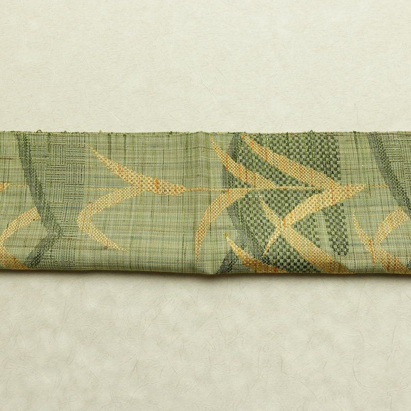 名古屋帯 六通柄 美品 正絹 木の葉・植物柄 通し仕立て なごや帯 リサイクル帯 帯 紬地 緑・うぐいす色_画像16