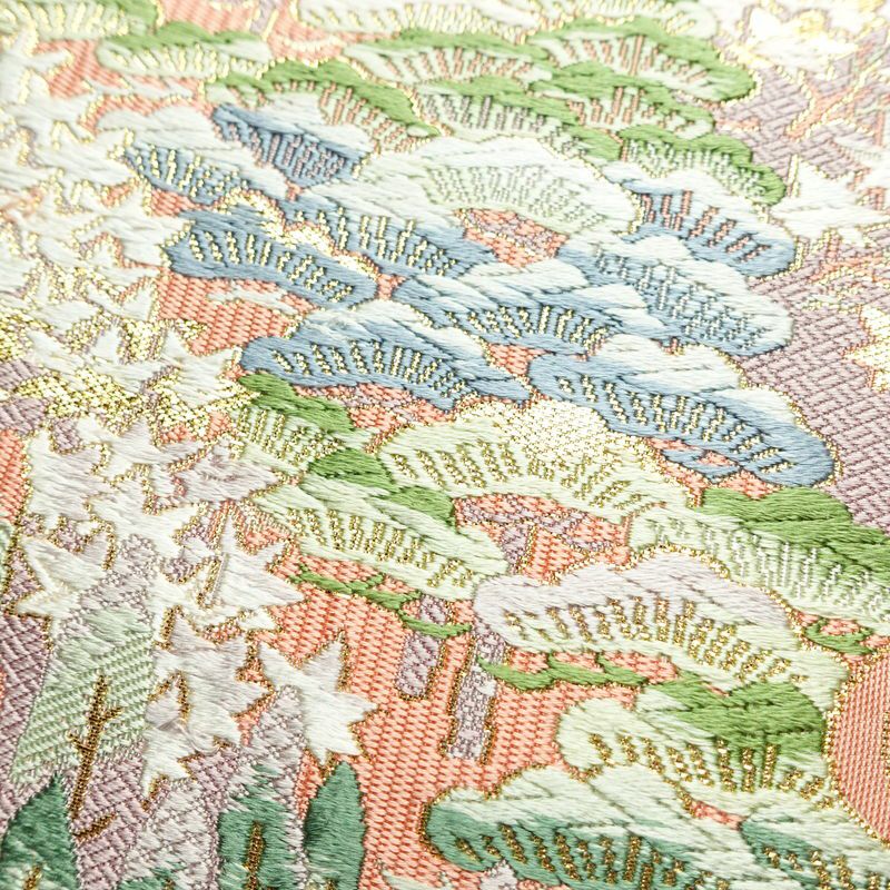 袋帯 六通柄 美品 フォーマル用 正絹 木の葉・植物柄 リサイクル帯 帯 箔 入学式 卒業式 結婚式 七五三 お宮参り 四季花 紅葉 松 桜 ベージュ_画像6