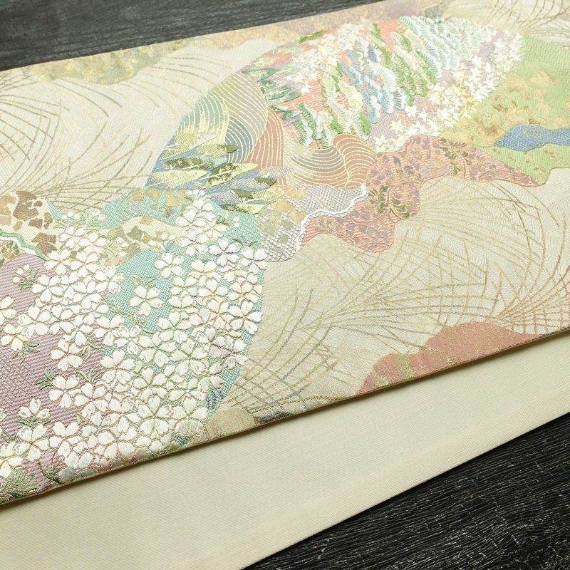袋帯 六通柄 美品 フォーマル用 正絹 木の葉・植物柄 リサイクル帯 帯 箔 入学式 卒業式 結婚式 七五三 お宮参り 四季花 紅葉 松 桜 ベージュ_画像12