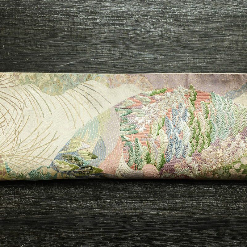 袋帯 六通柄 美品 フォーマル用 正絹 木の葉・植物柄 リサイクル帯 帯 箔 入学式 卒業式 結婚式 七五三 お宮参り 四季花 紅葉 松 桜 ベージュ_画像15