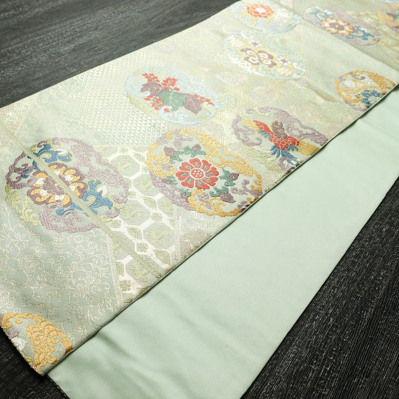 袋帯 六通柄 フォーマル用 正絹 幾何学柄・抽象柄 リサイクル帯 帯 箔 入学式 卒業式 結婚式 七五三 お宮参り 緑・うぐいす色_画像8