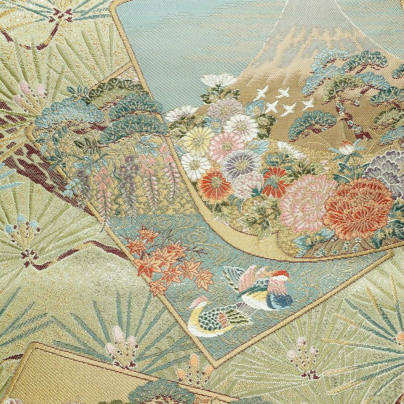 袋帯 六通柄 美品 フォーマル用 正絹 木の葉・植物柄 リサイクル帯 帯 入学式 卒業式 結婚式 七五三 パーティー お宮参り 上品 松 緑・うぐいす色_画像2