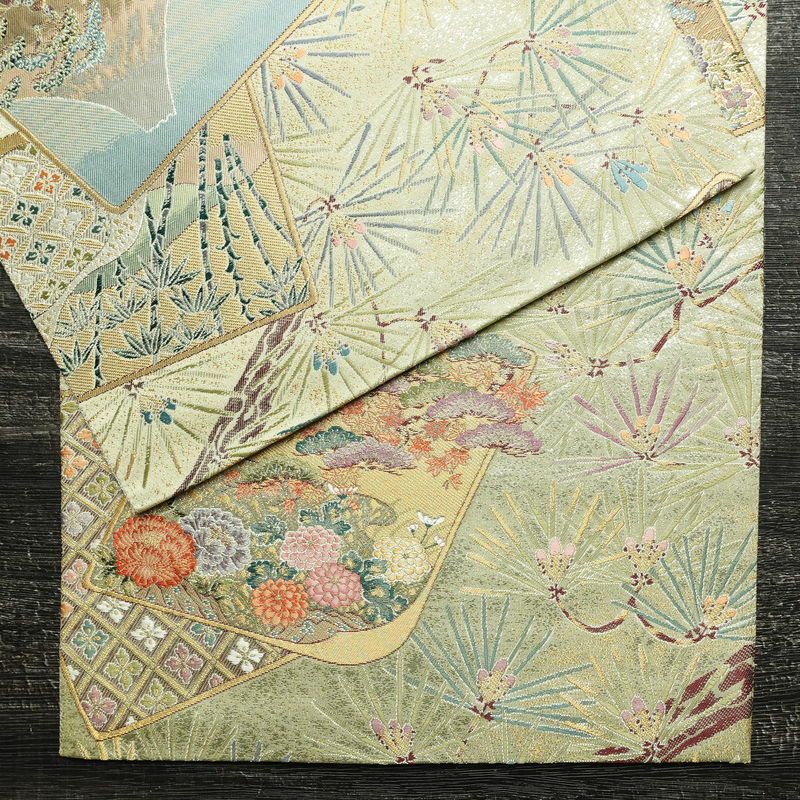 袋帯 六通柄 美品 フォーマル用 正絹 木の葉・植物柄 リサイクル帯 帯 入学式 卒業式 結婚式 七五三 パーティー お宮参り 上品 松 緑・うぐいす色_画像13