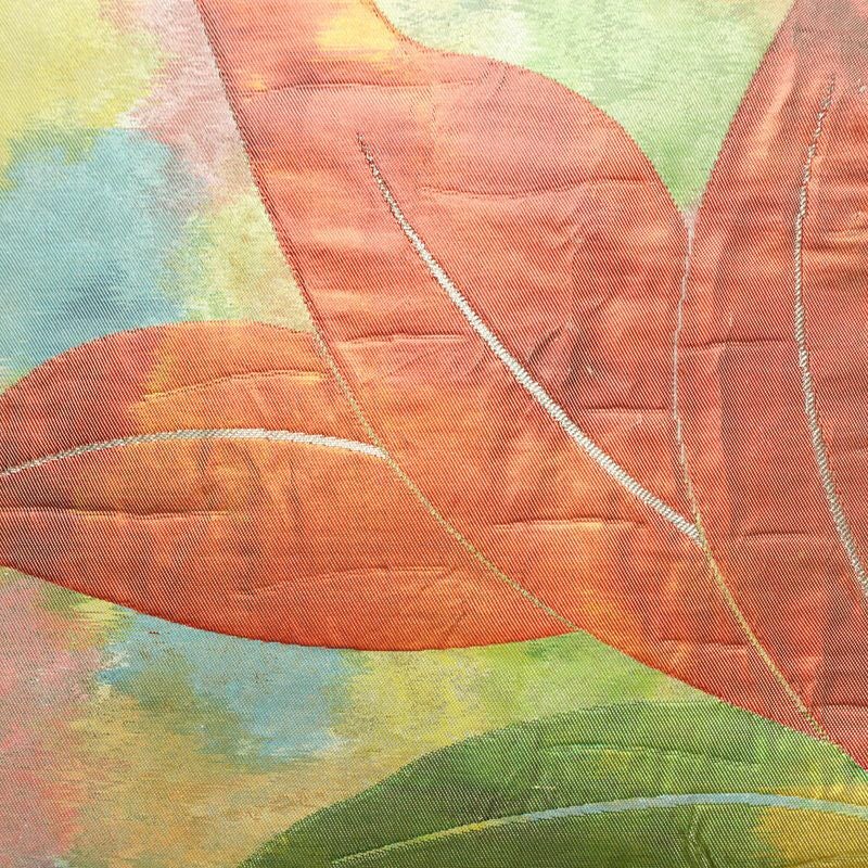 名古屋帯 太鼓柄 正絹 花柄 名古屋仕立て なごや帯 リサイクル帯 帯 箔 緑・うぐいす色_画像2