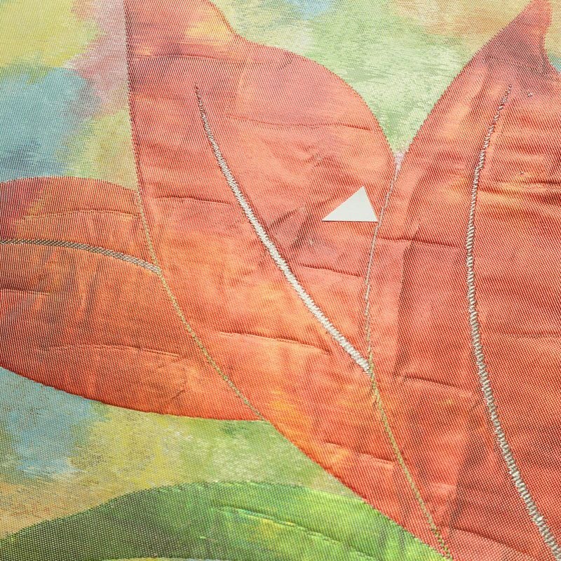 名古屋帯 太鼓柄 正絹 花柄 名古屋仕立て なごや帯 リサイクル帯 帯 箔 緑・うぐいす色_画像3