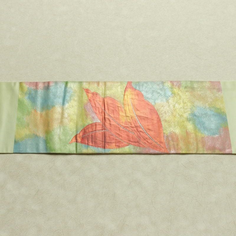 名古屋帯 太鼓柄 正絹 花柄 名古屋仕立て なごや帯 リサイクル帯 帯 箔 緑・うぐいす色_画像13