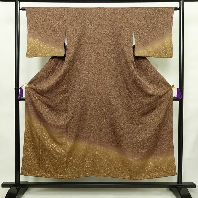 付け下げ 美品 しつけ糸付き 一つ紋付き 正絹 その他の柄 袷仕立て 身丈151cm 裄丈63cm リサイクル着物 箔 共八掛 卒業式 パーティー フォーマル モダン 茶_画像1