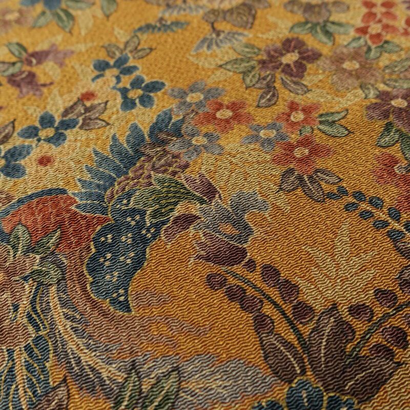 単衣 小紋 良品 縮緬 総柄 正絹 花柄 単衣仕立て 身丈159cm 裄丈66cm リサイクル着物 着物 菊 黄・黄土色_画像8
