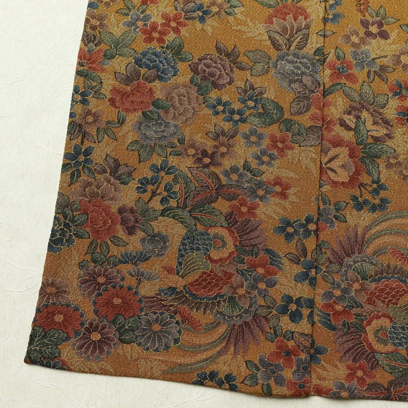 単衣 小紋 良品 縮緬 総柄 正絹 花柄 単衣仕立て 身丈159cm 裄丈66cm リサイクル着物 着物 菊 黄・黄土色_画像13