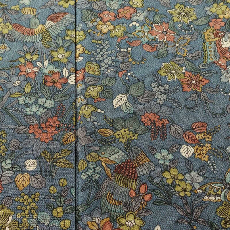 単衣 小紋 良品 縮緬 総柄 正絹 花柄 単衣仕立て 身丈157.5cm 裄丈64cm リサイクル着物 着物 青・紺_画像6