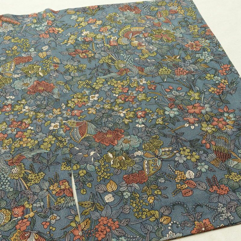 単衣 小紋 良品 縮緬 総柄 正絹 花柄 単衣仕立て 身丈157.5cm 裄丈64cm リサイクル着物 着物 青・紺_画像13