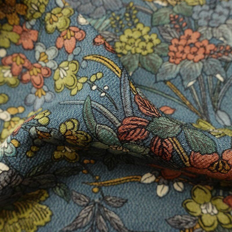 単衣 小紋 良品 縮緬 総柄 正絹 花柄 単衣仕立て 身丈157.5cm 裄丈64cm リサイクル着物 着物 青・紺_画像21