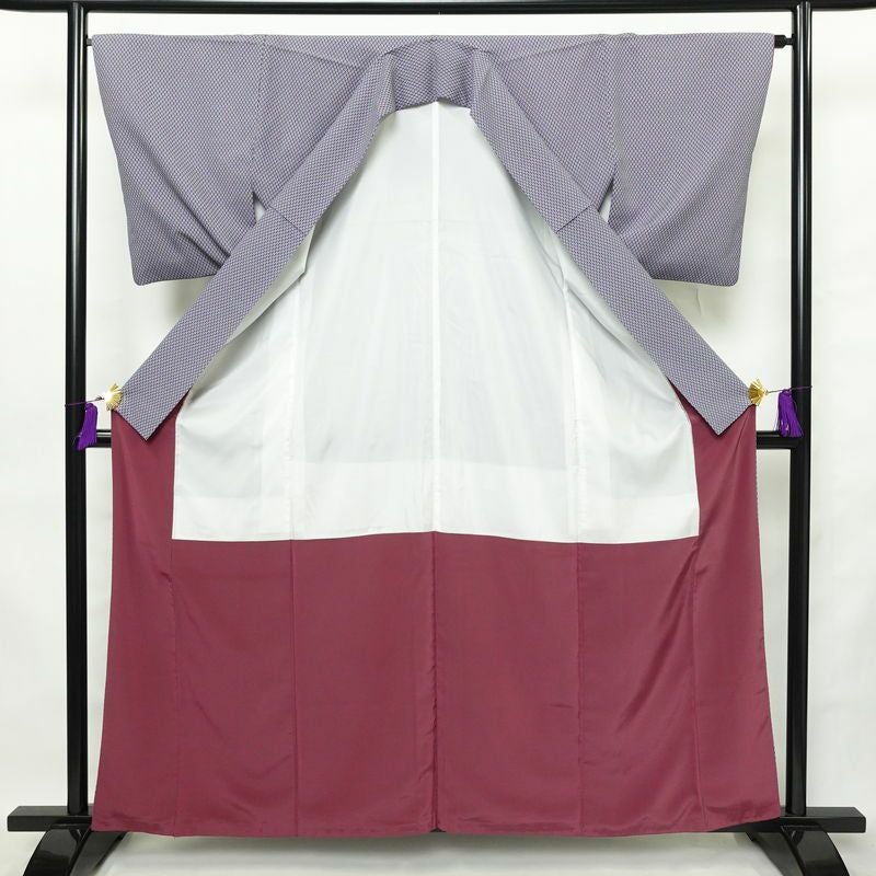 小紋 縮緬 総柄 正絹 古典柄 袷仕立て 身丈160cm 裄丈65.5cm リサイクル着物 着物 紫・藤色_画像3