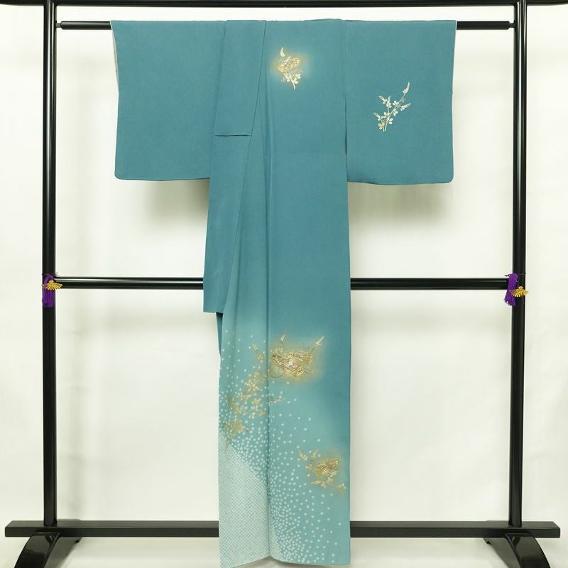 付け下げ 金駒刺繍 絞り 正絹 古典柄 袷仕立て 身丈158.5cm 裄丈65.5cm リサイクル着物 着物 箔 入学式 卒業式 結婚式 パーティー フォーマル 青・紺_画像2