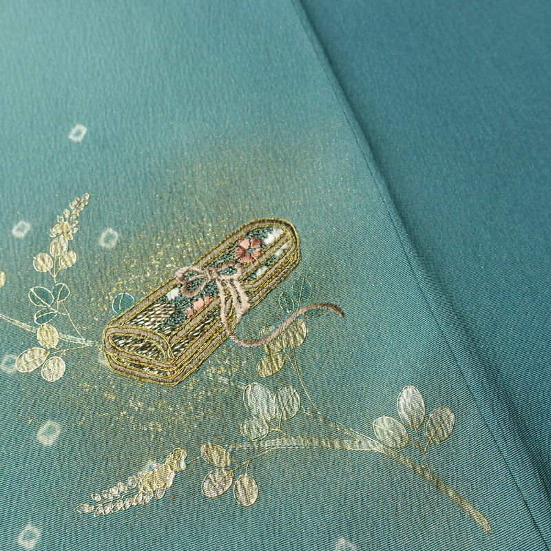 付け下げ 金駒刺繍 絞り 正絹 古典柄 袷仕立て 身丈158.5cm 裄丈65.5cm リサイクル着物 着物 箔 入学式 卒業式 結婚式 パーティー フォーマル 青・紺_画像12