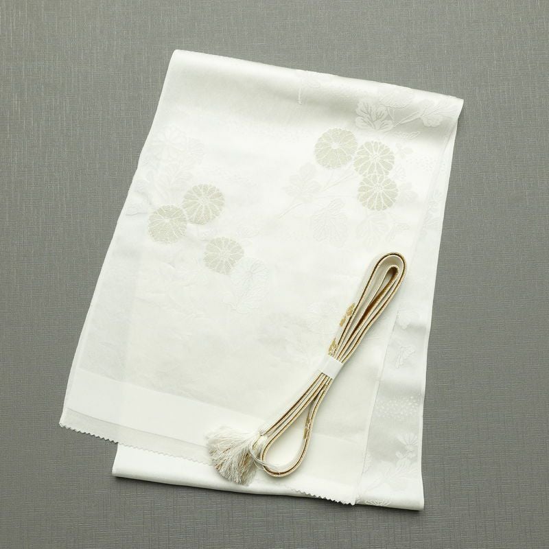 帯揚げ帯締めセット 良品 セット品 平組 正絹 花柄 結婚式 留袖用 フォーマル 菊 白_画像1