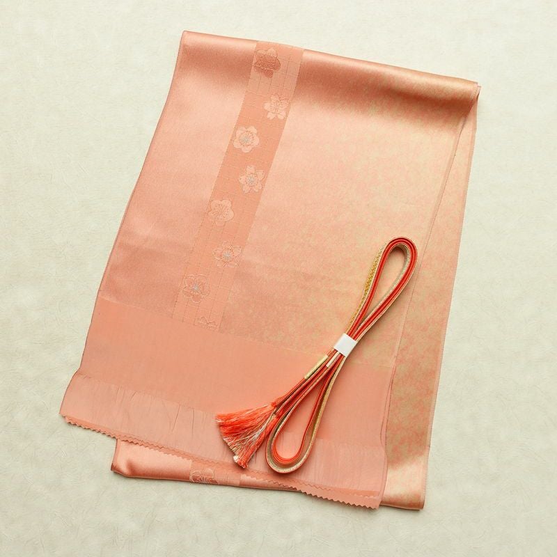 帯揚げ帯締めセット 良品 セット品 平組 正絹 花柄 フォーマル 桜 金糸 綸子 和装小物 ピンク_画像1
