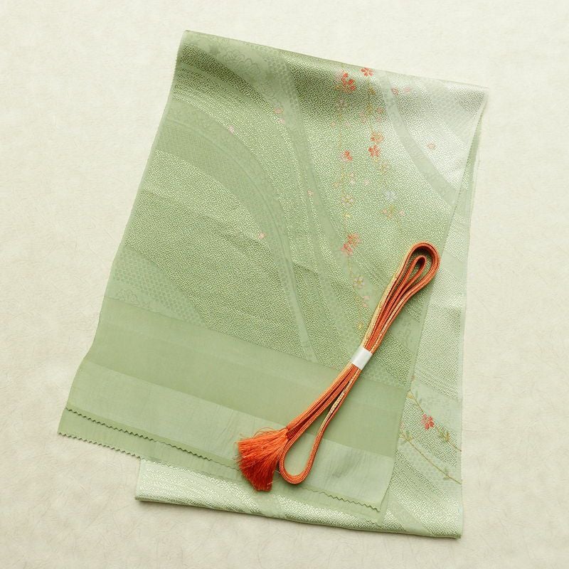 帯揚げ帯締めセット 良品 セット品 平組 正絹 花柄 金彩 フォーマル 桜 緑・うぐいす色_画像1
