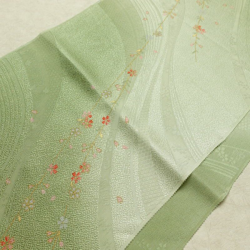帯揚げ帯締めセット 良品 セット品 平組 正絹 花柄 金彩 フォーマル 桜 緑・うぐいす色_画像4