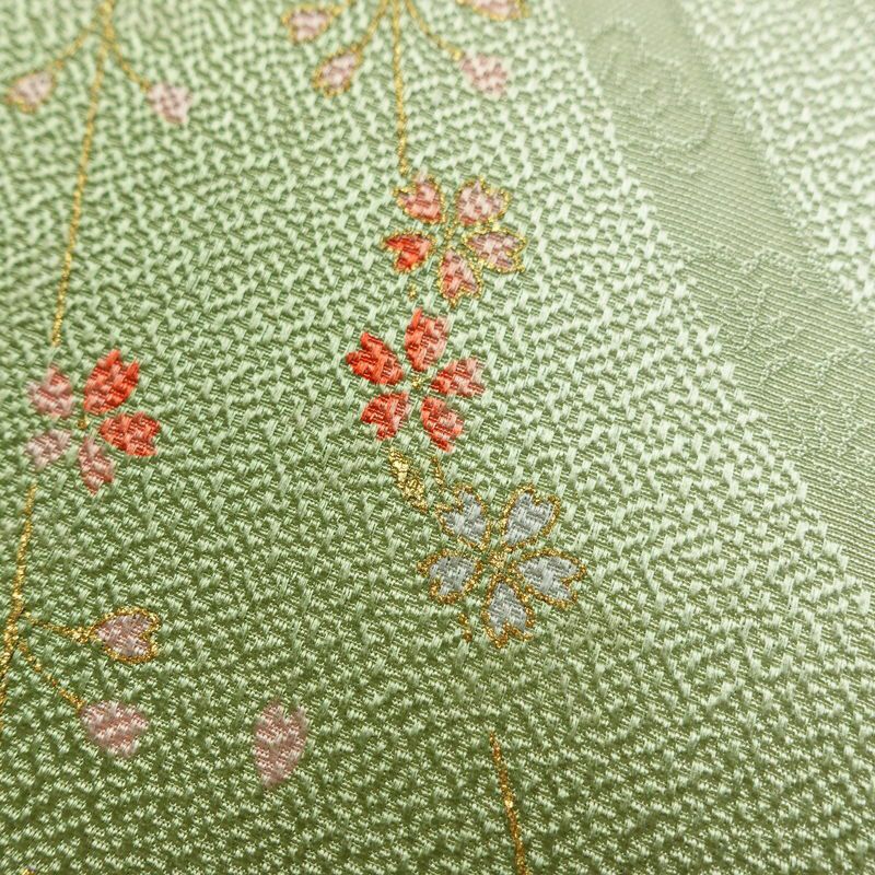 帯揚げ帯締めセット 良品 セット品 平組 正絹 花柄 金彩 フォーマル 桜 緑・うぐいす色_画像9