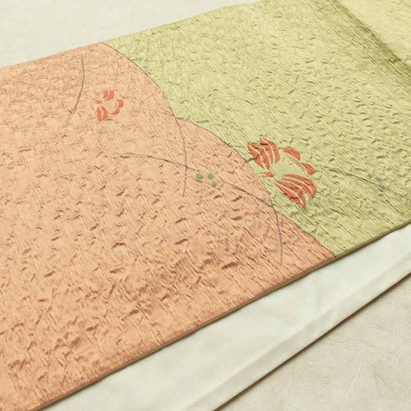 名古屋帯 太鼓柄 ふくれ織 正絹 花柄 通し仕立て なごや帯 リサイクル帯 帯 ピンク_画像11