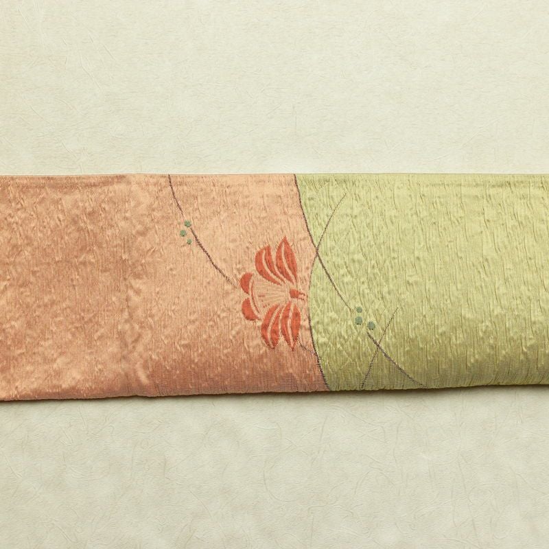 名古屋帯 太鼓柄 ふくれ織 正絹 花柄 通し仕立て なごや帯 リサイクル帯 帯 ピンク_画像15