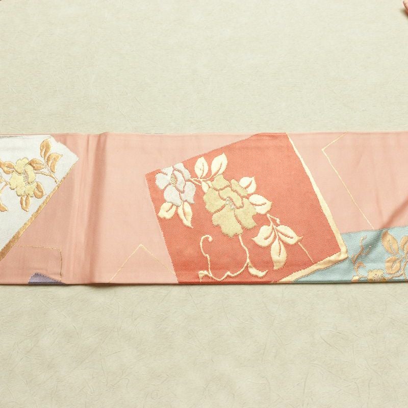 名古屋帯 六通柄 良品 正絹 花柄 名古屋仕立て なごや帯 リサイクル帯 帯 引箔 ピンク_画像13