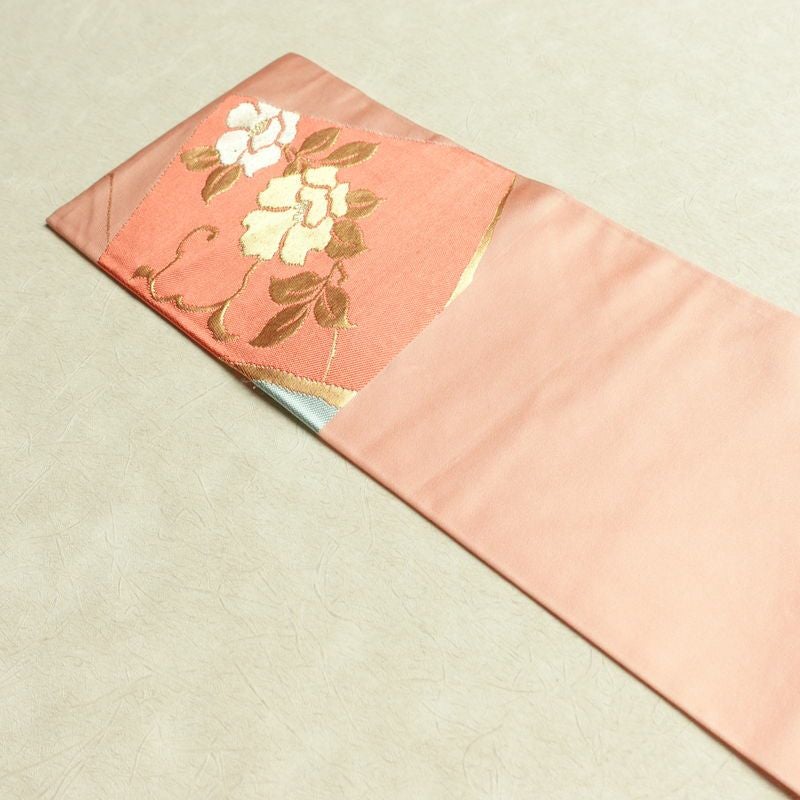 名古屋帯 六通柄 良品 正絹 花柄 名古屋仕立て なごや帯 リサイクル帯 帯 引箔 ピンク_画像14