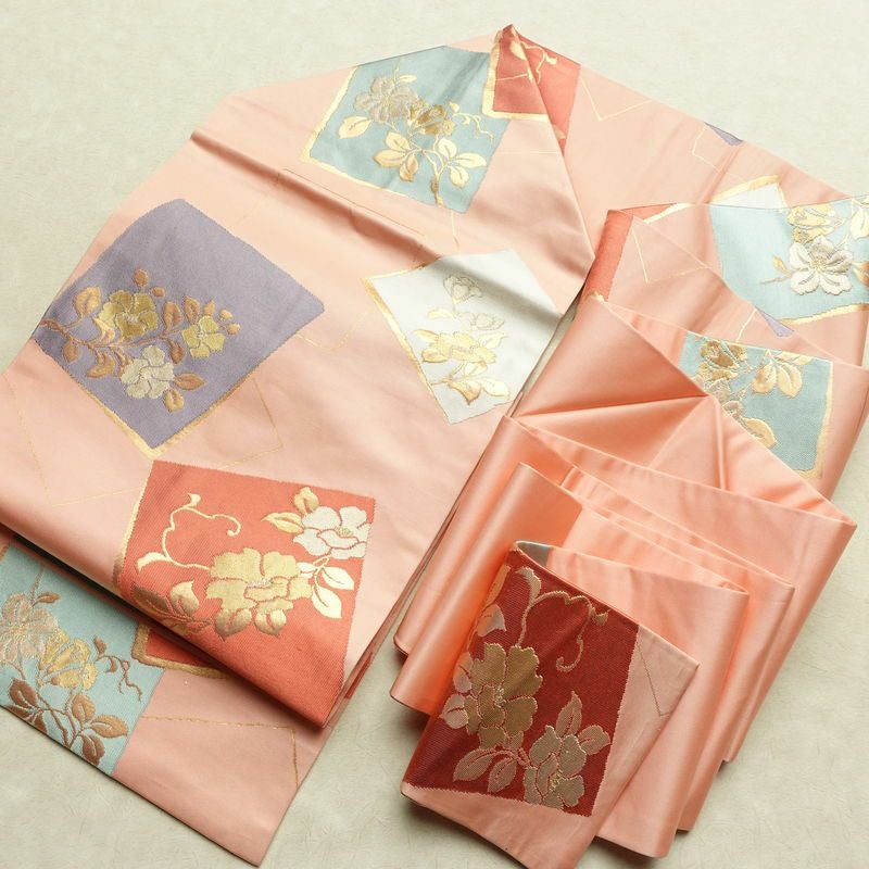 名古屋帯 六通柄 良品 正絹 花柄 名古屋仕立て なごや帯 リサイクル帯 帯 引箔 ピンク_画像15