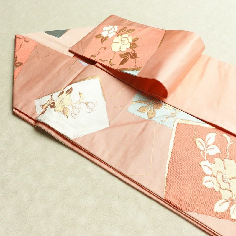 名古屋帯 六通柄 良品 正絹 花柄 名古屋仕立て なごや帯 リサイクル帯 帯 引箔 ピンク_画像21