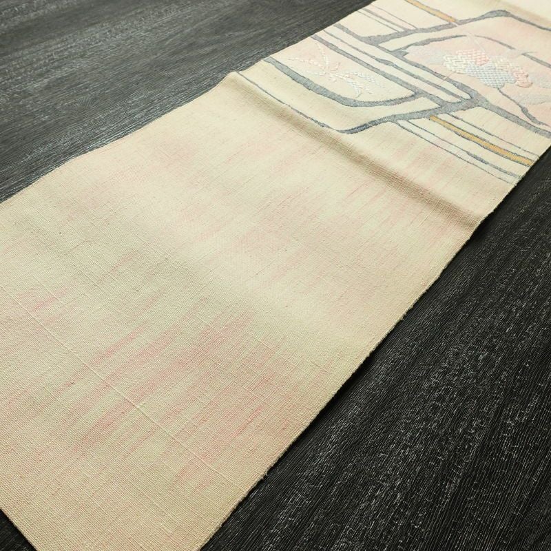 名古屋帯 太鼓柄 正絹 木の葉・植物柄 松葉仕立て なごや帯 リサイクル帯 帯 紬地 ピンク_画像10