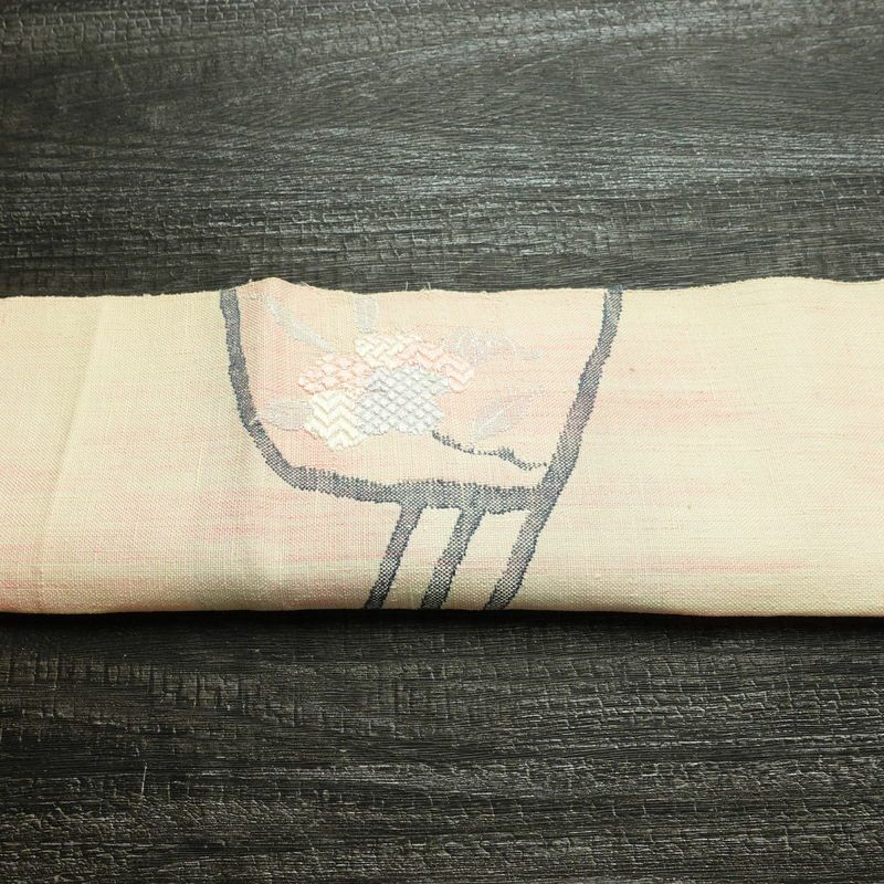 名古屋帯 太鼓柄 正絹 木の葉・植物柄 松葉仕立て なごや帯 リサイクル帯 帯 紬地 ピンク_画像16