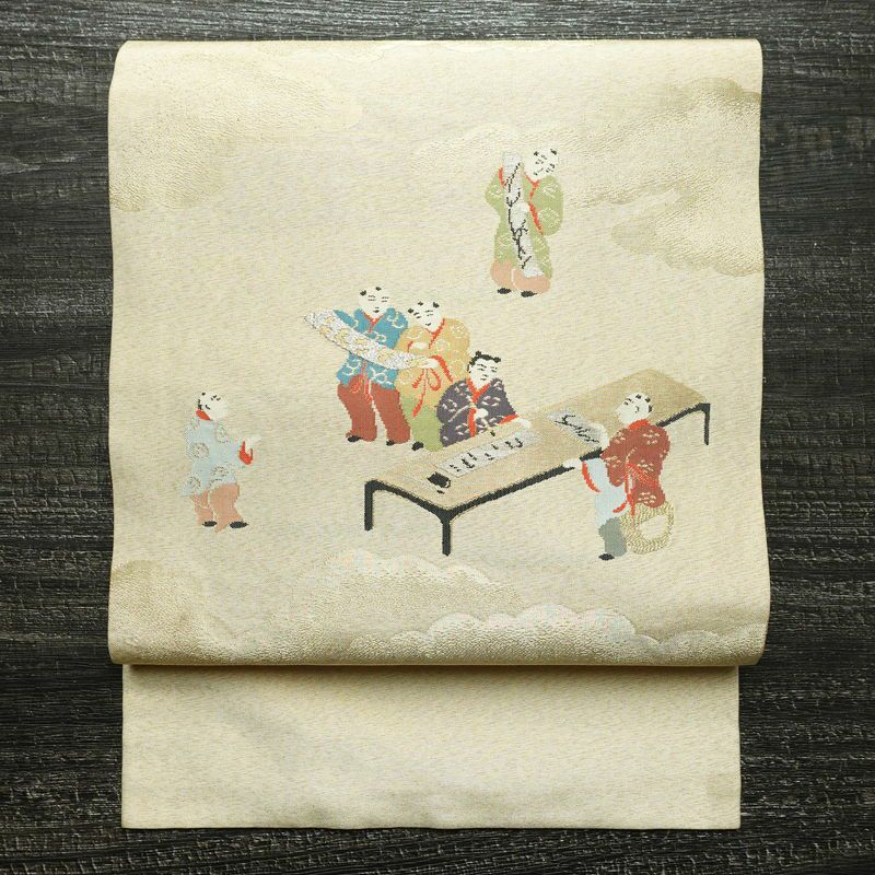 名古屋帯 太鼓柄 正絹 人物・動物柄 名古屋仕立て なごや帯 リサイクル帯 帯 箔 金糸 銀糸 ベージュ_画像1